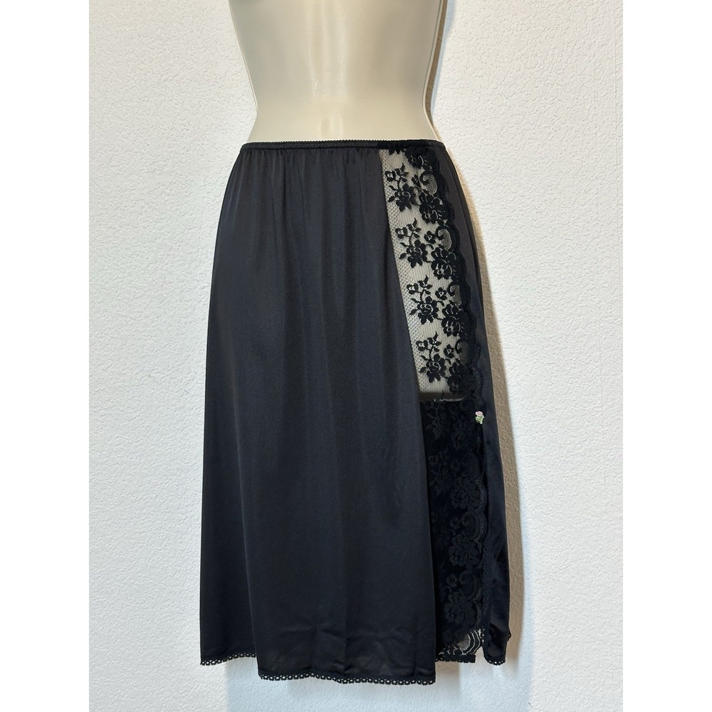 Vtg 70s Chantilly Maidenform Slip Skirt S Black Antron Nylon Lace Panel Coquette